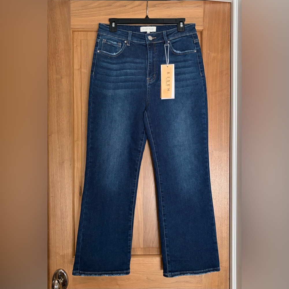 NWT RISEN High-Rise Crop Straight Jeans w/ Distressed Raw Hem Dark Blue 13/31 - Picture 5 of 16